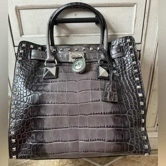Michael Kors Grey Croc Embossed Hamilton Studded Tote - Picture 3 of 16